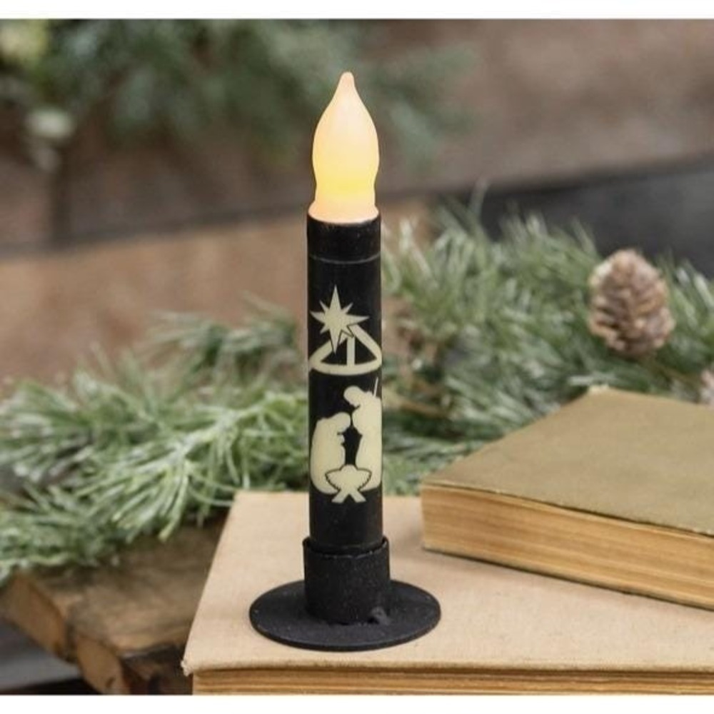 Primitive‎ Christmas NATIVITY SCENE Timer Taper Candle Black & Ivory 6" NEW